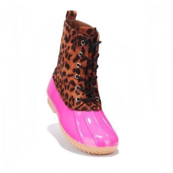 Pink Leopard Lace-up Faux Leather Duck Boots - Picture 4 of 4